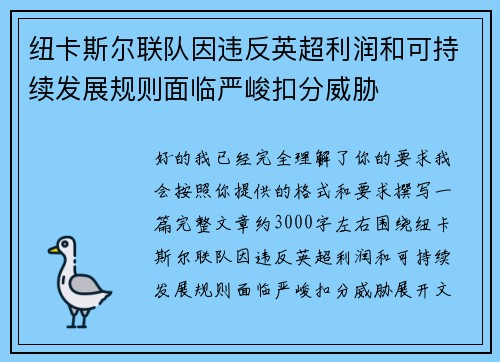 纽卡斯尔联队因违反英超利润和可持续发展规则面临严峻扣分威胁